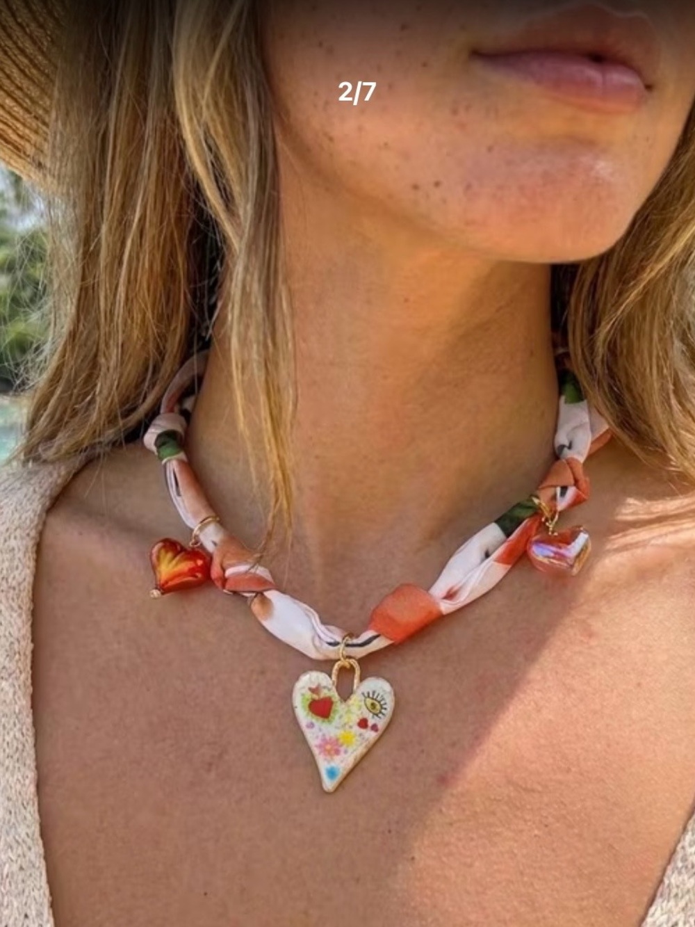Handmade Floral Heart Pendant Scarf Necklace - Pink & Orange